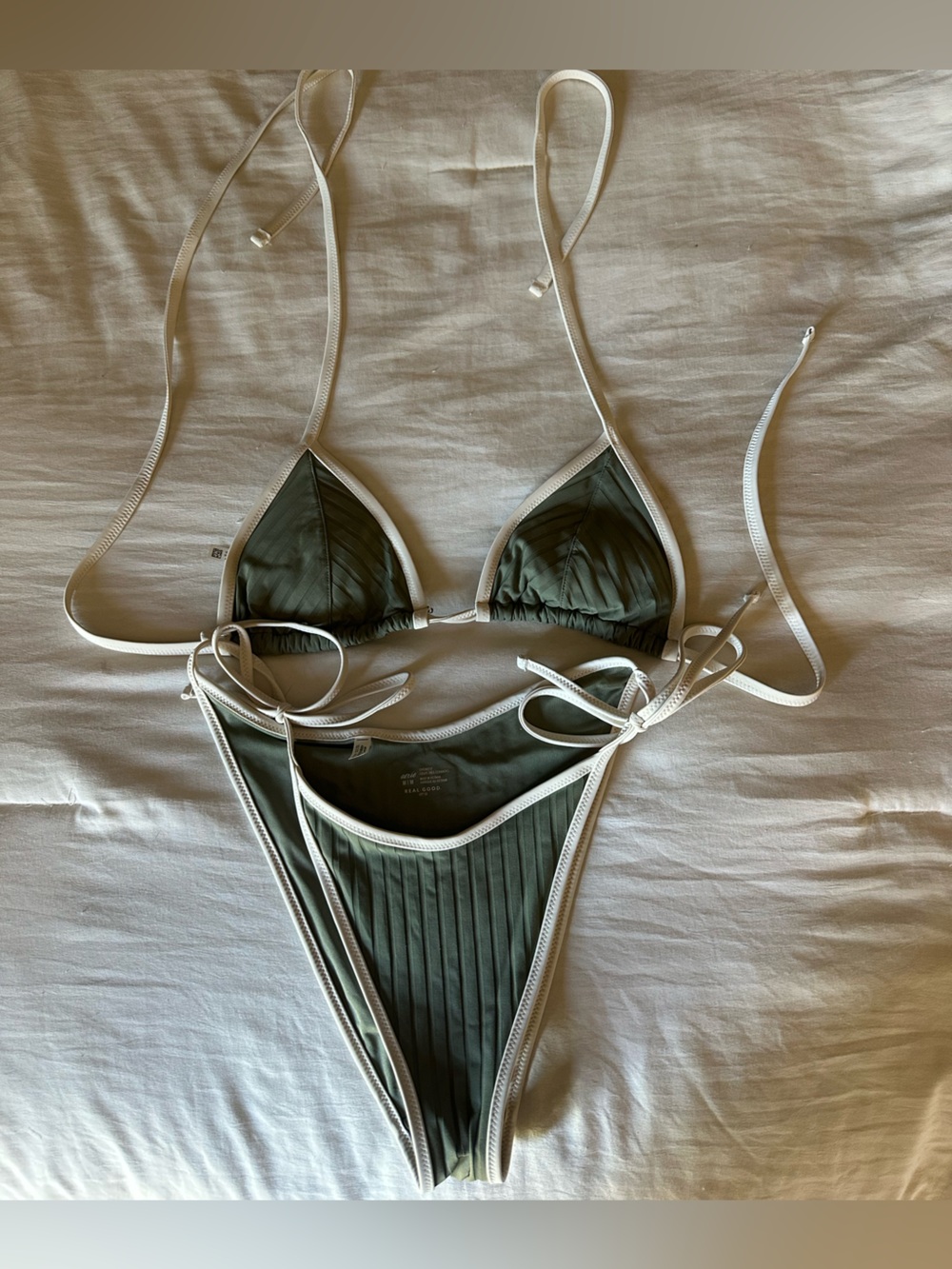 aerie Olive Green Ribbed Triangle Bikini Top with White Trim